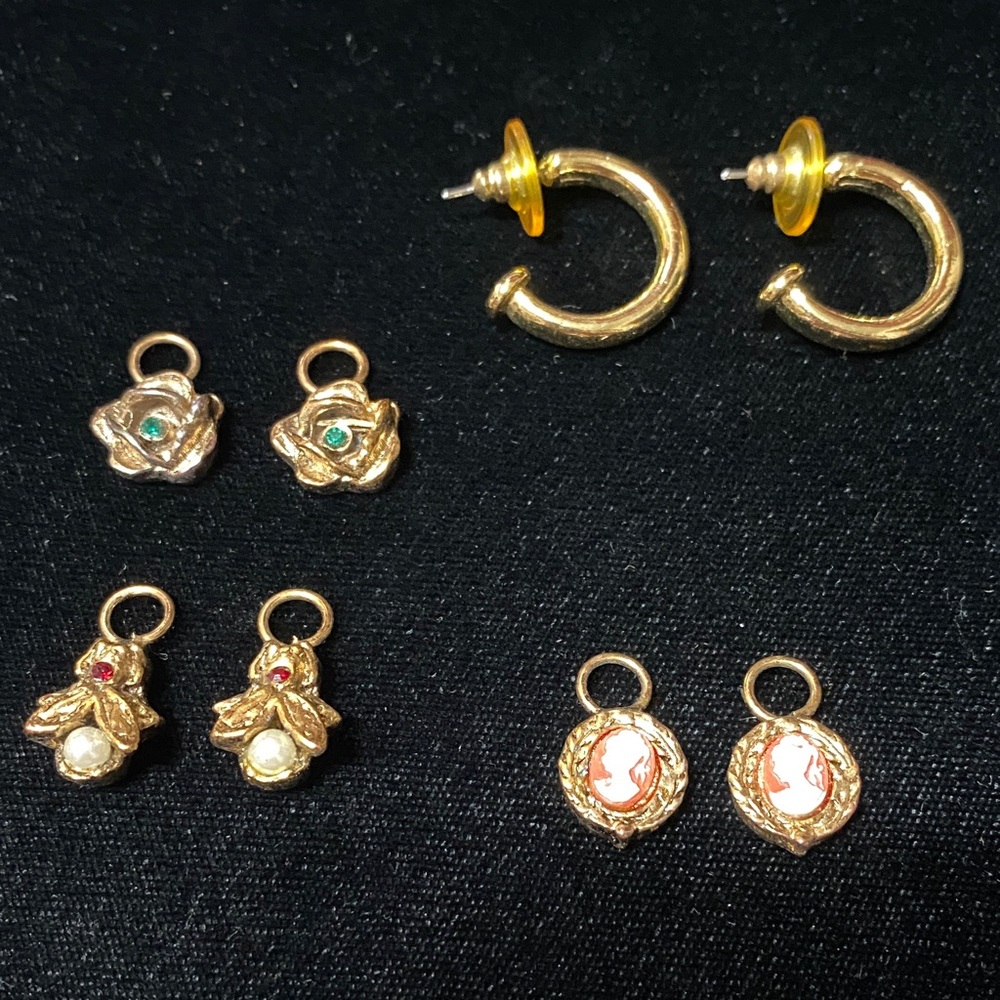 Elegant vintage Gold open  hoops with three pairs of charms Earrings Set